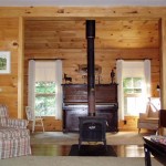 living room with pine walls